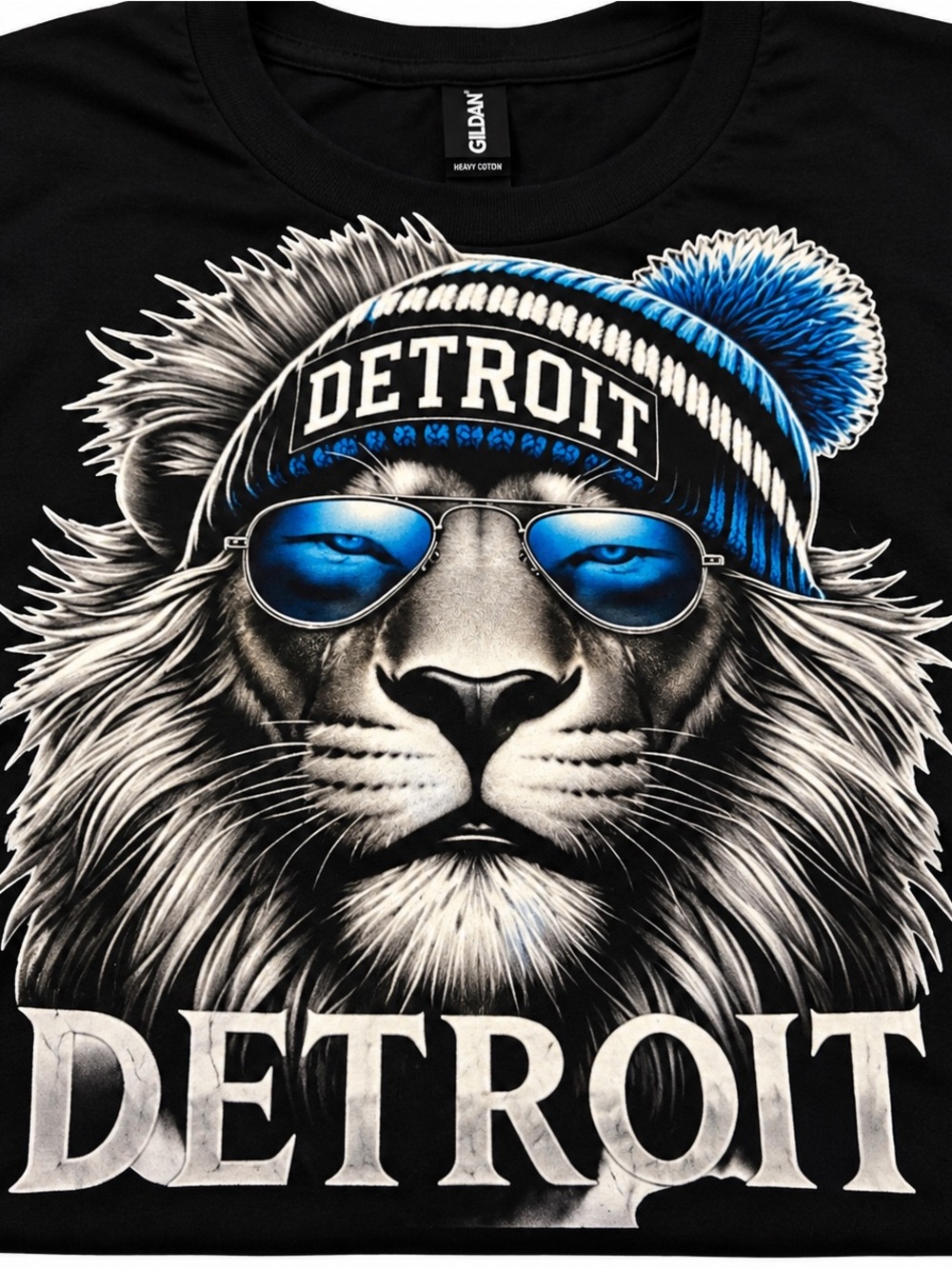 Gildan Black Tee with Blue-Accented Detroit Lion Graphic